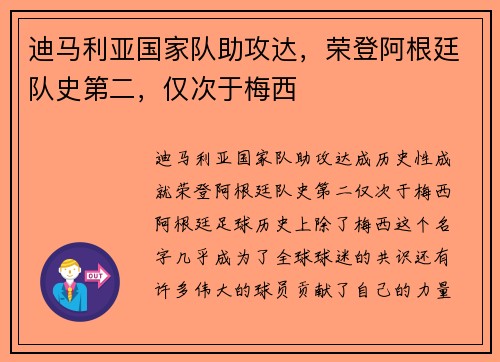 迪马利亚国家队助攻达，荣登阿根廷队史第二，仅次于梅西